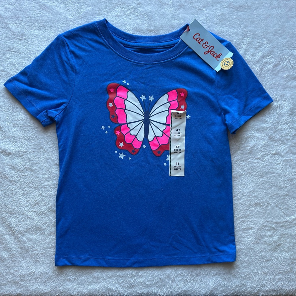 Cat & Jack Bright Blue Tee with Pink & White Butterfly